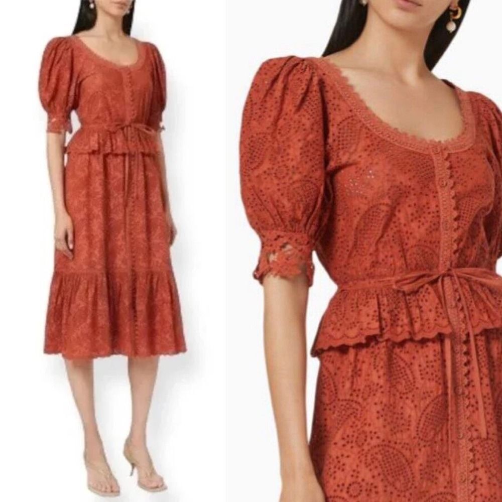 NWOT Ulla Johnson Elodie Rose Red Lace Eyelet Midi Dress, Size 4
